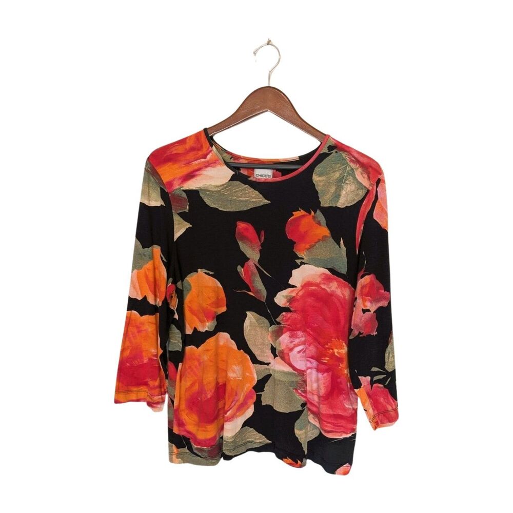 Chicos Vibrant Pink Orange Floral Black Knit Top XL 3 Long Sleeve Rayon Stretch